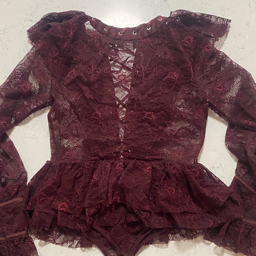 Bebe Maroon Lace-Up Ruffle Bodysuit - Picture 3 of 6